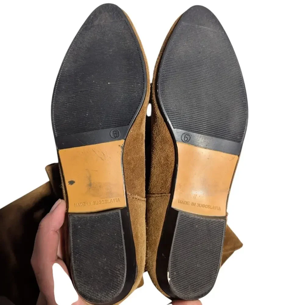 Vtg 1980s Tan Suede Knee High Pointed Toe Flat Sole Mid-Calf Boho Slouch Boots 6